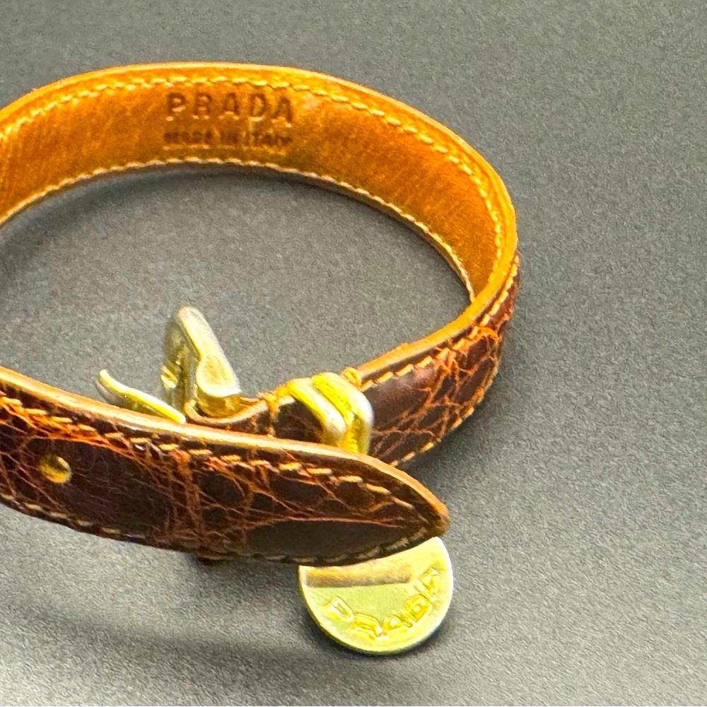 Prada Leather logo Wrap Bracelet Brown Croc Gold Made in Italy Vintage Y2K Rare - Picture 9 of 13